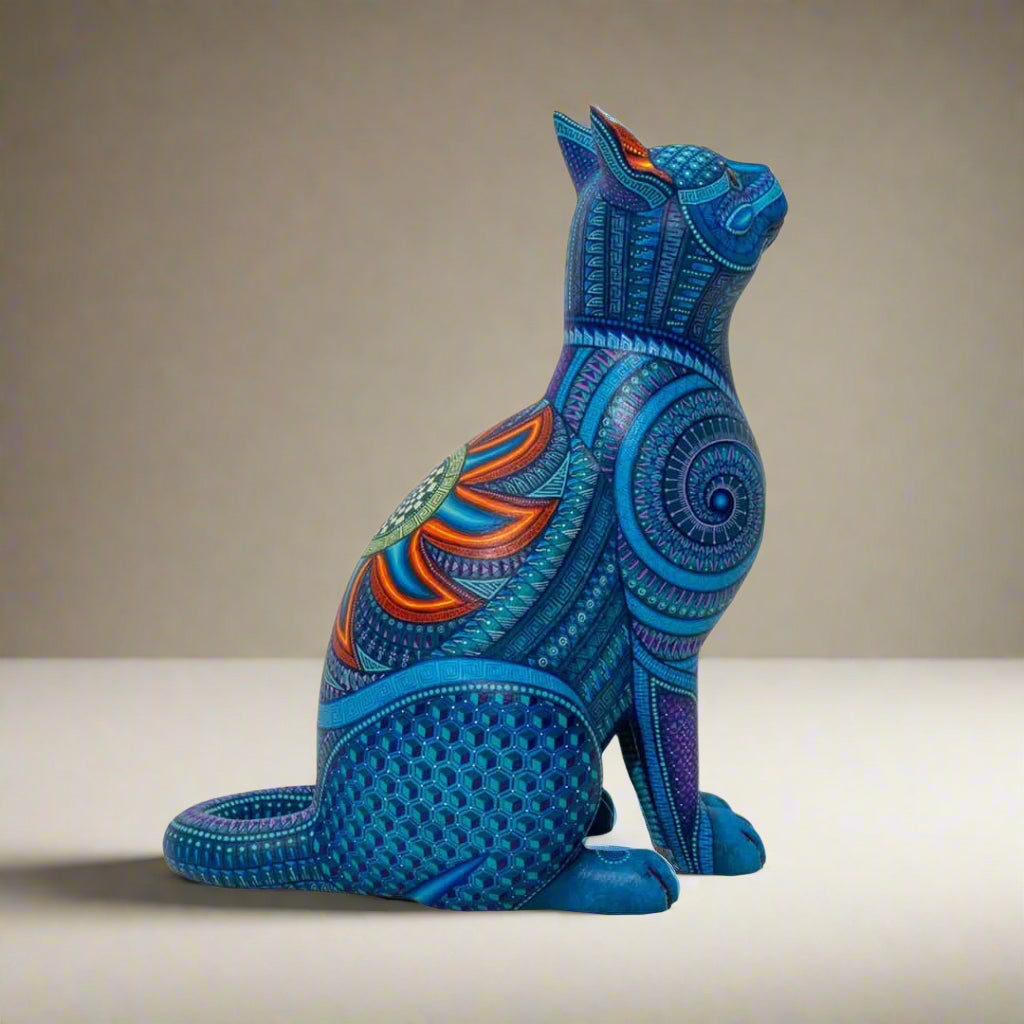 Cat Alebrije, Painted Wooden Cat Sculpture