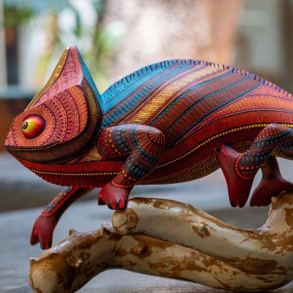 painted wooden chameleon sculpture, chameleon alebrije, mexican art