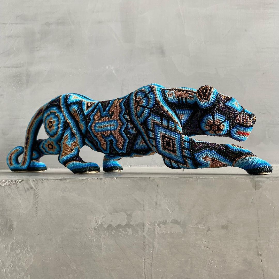 Beaded Wooden Jaguar Sculpture