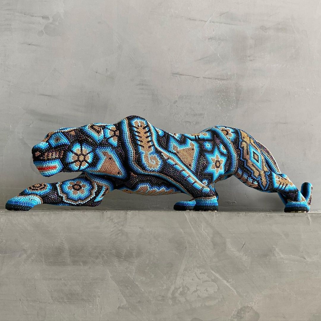 Beaded Wooden Jaguar Sculpture