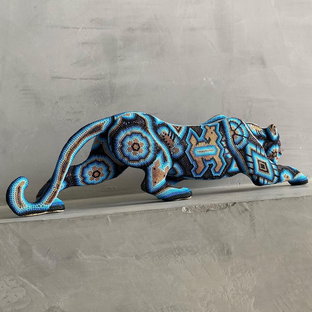 Beaded Wooden Jaguar Sculpture