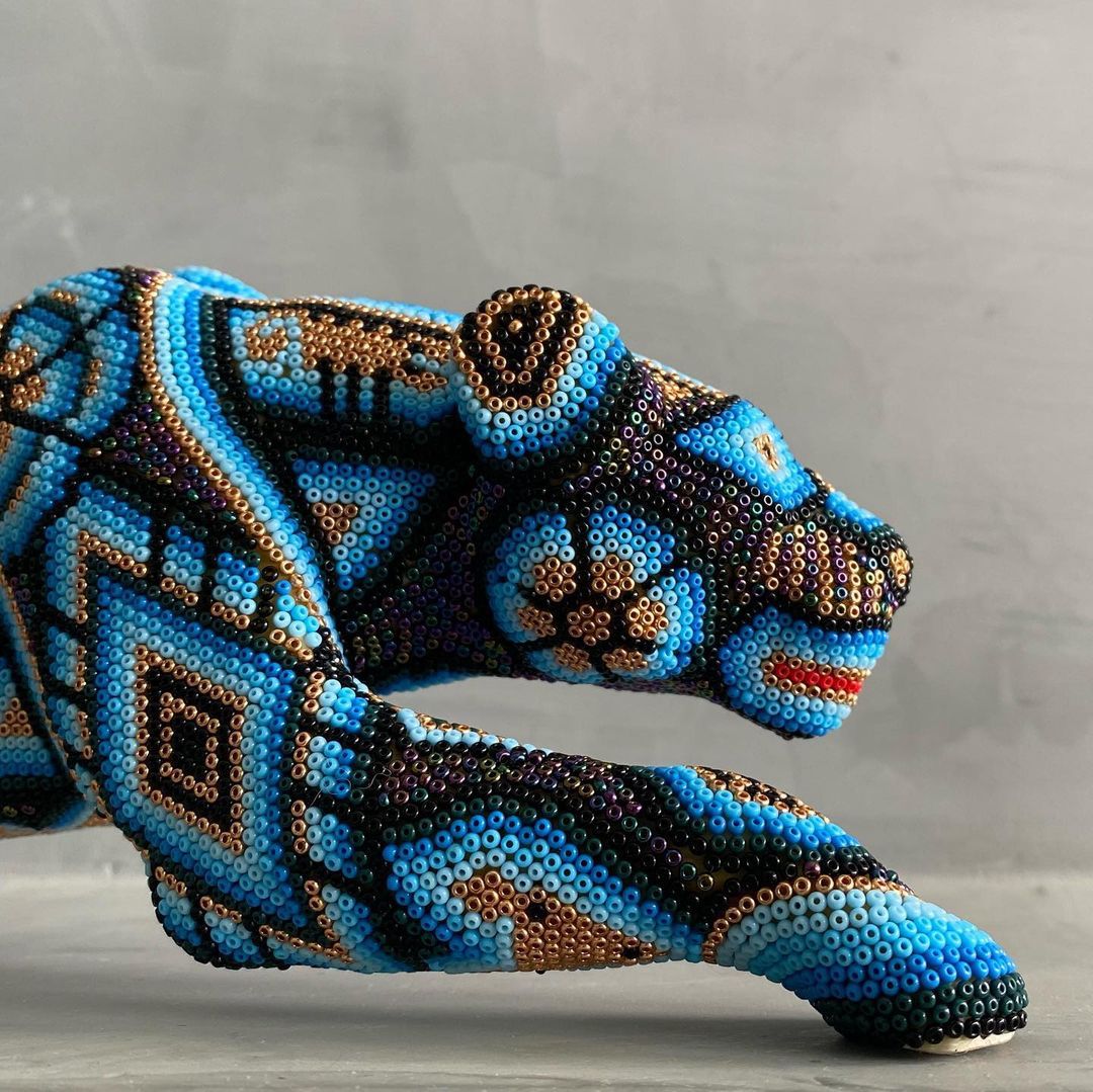 Beaded Wooden Jaguar Sculpture