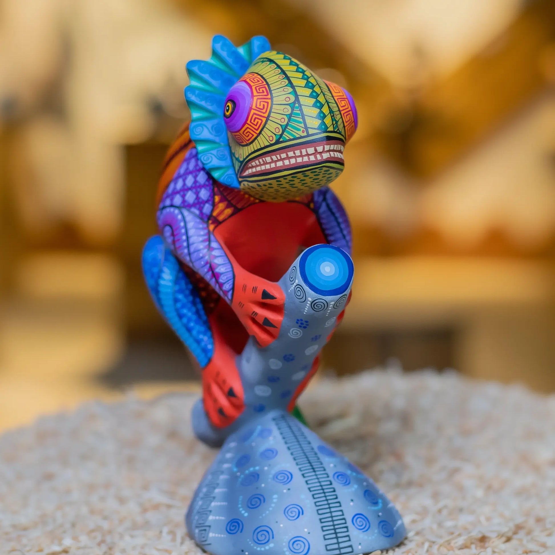 handpainted chameleon wooden sculpture, chameleon alebrije