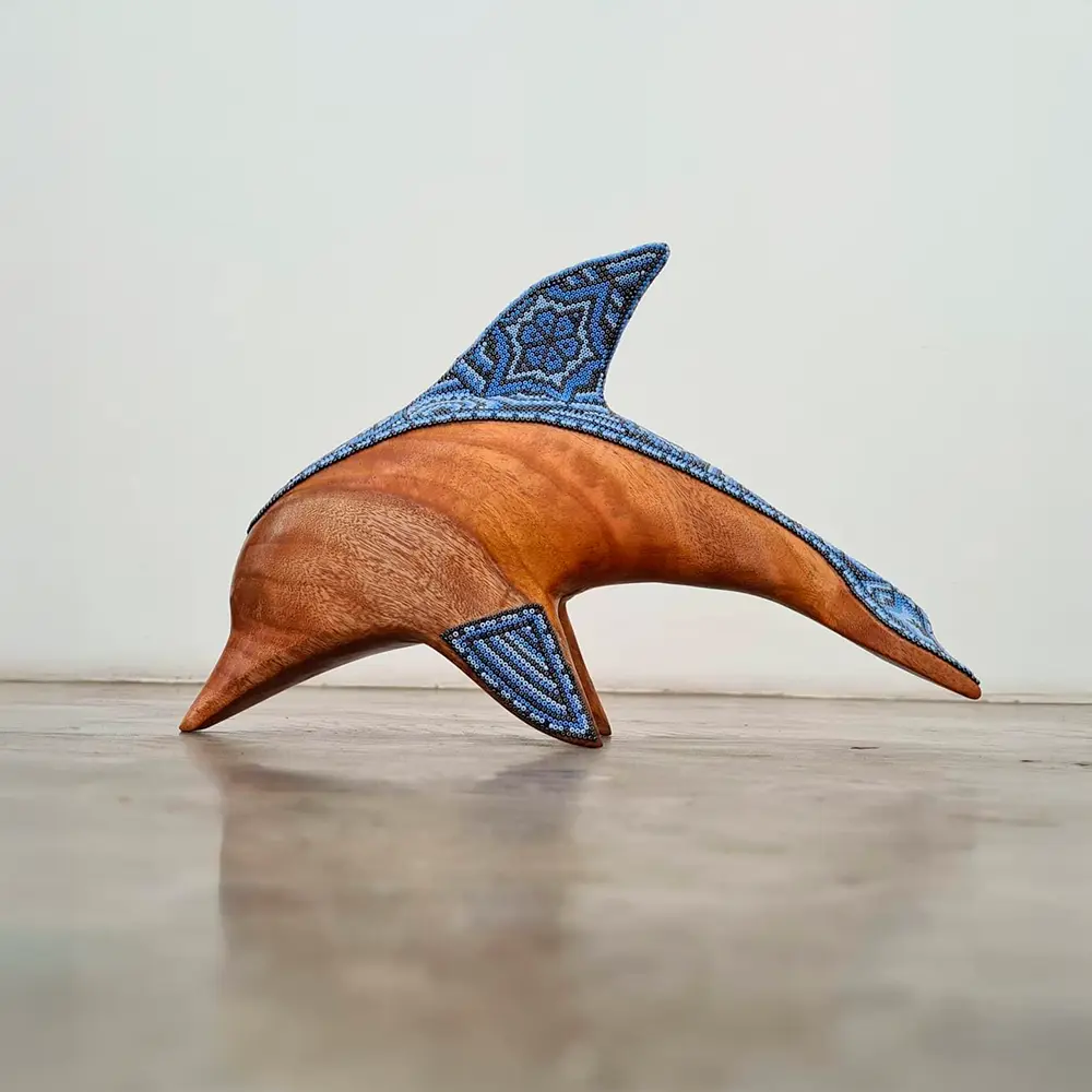 Wooden Dolphin Sculpture with Huichol Beadwork | Mexican Crafts