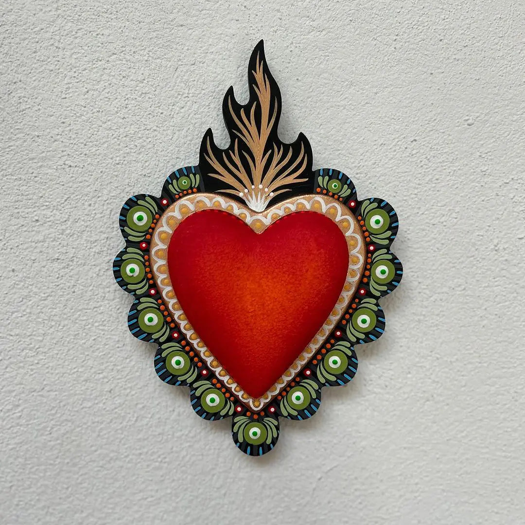 handpainted wooden fire heart decoration, mexican art