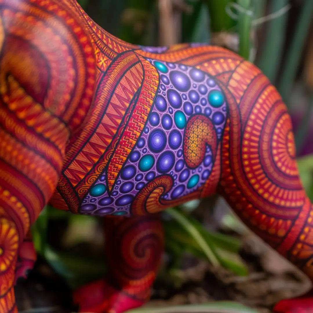 Hand-painted gorilla alebrije with vibrant patterns and intricate Mexican folk art details, displayed with tropical plants in the background