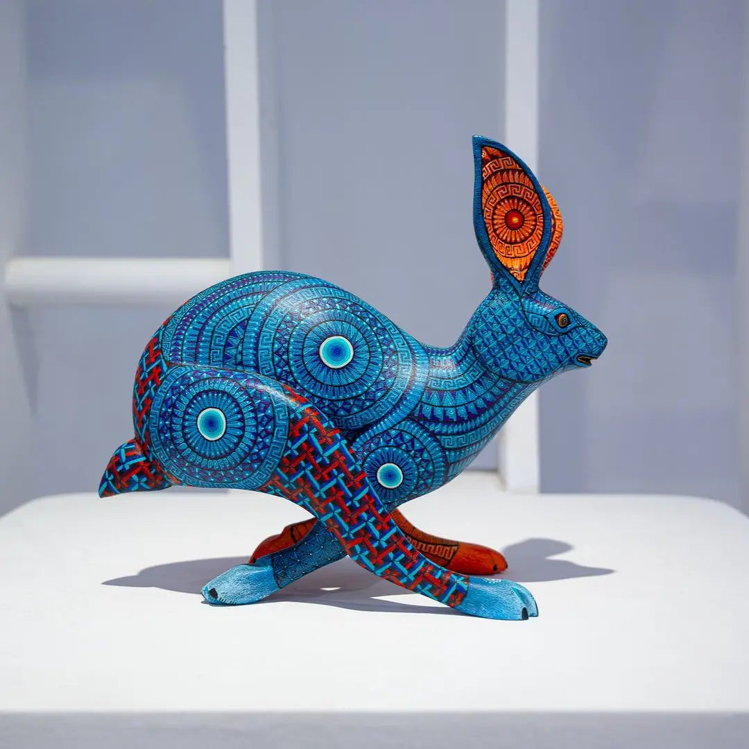 Rabbit alebrije, painted wooden rabbit sculpture