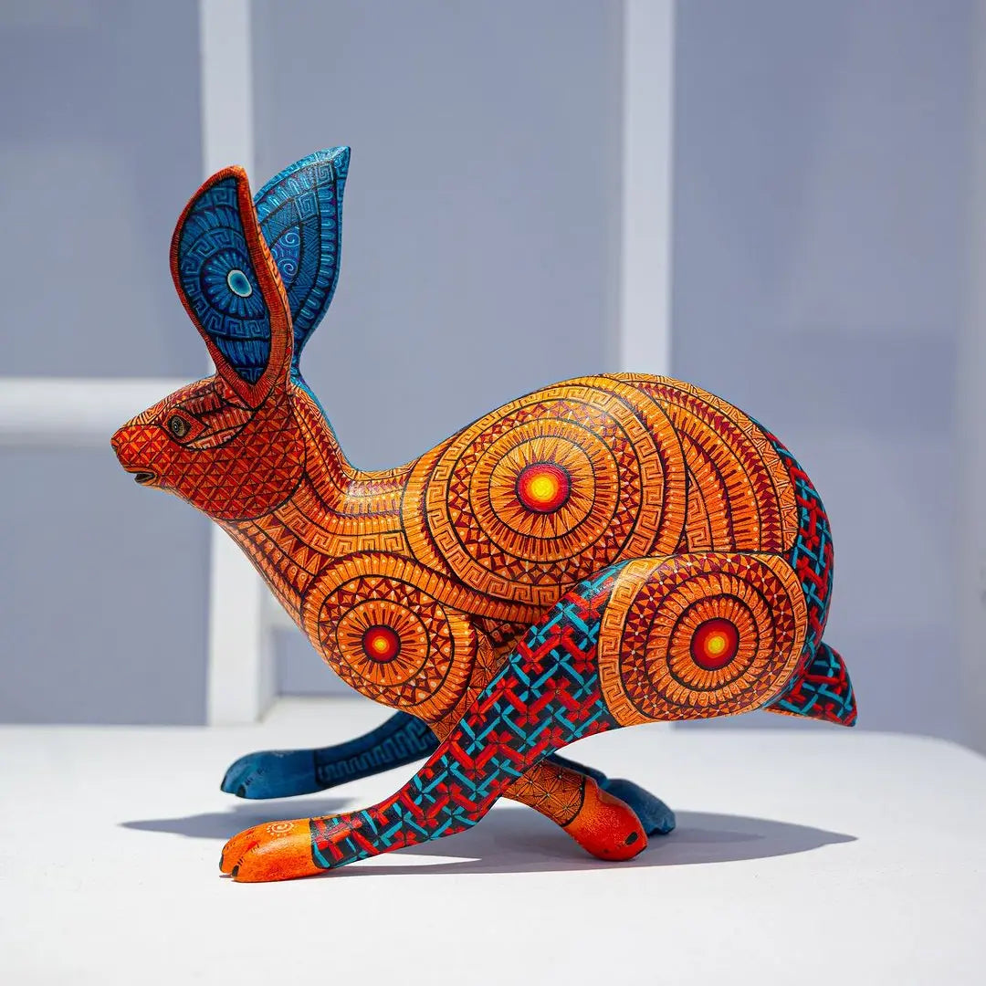 Rabbit alebrije, painted wooden rabbit sculpture