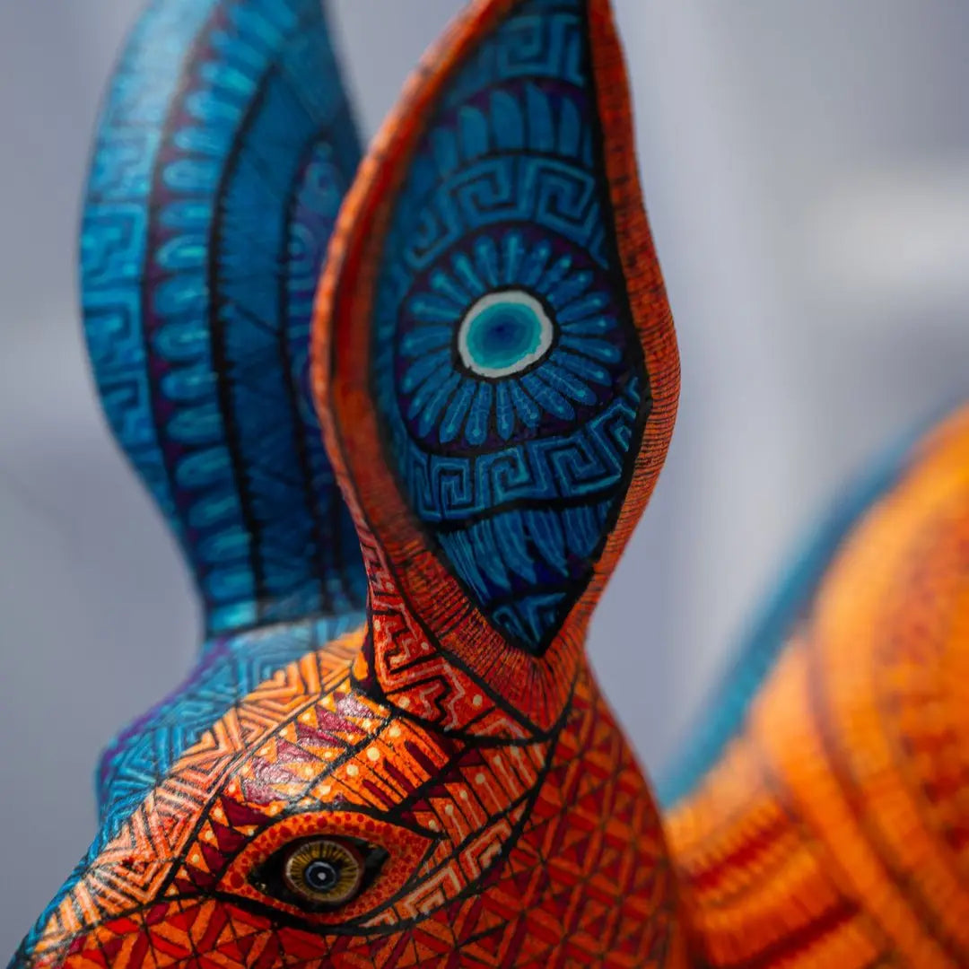 Rabbit alebrije, painted wooden rabbit sculpture