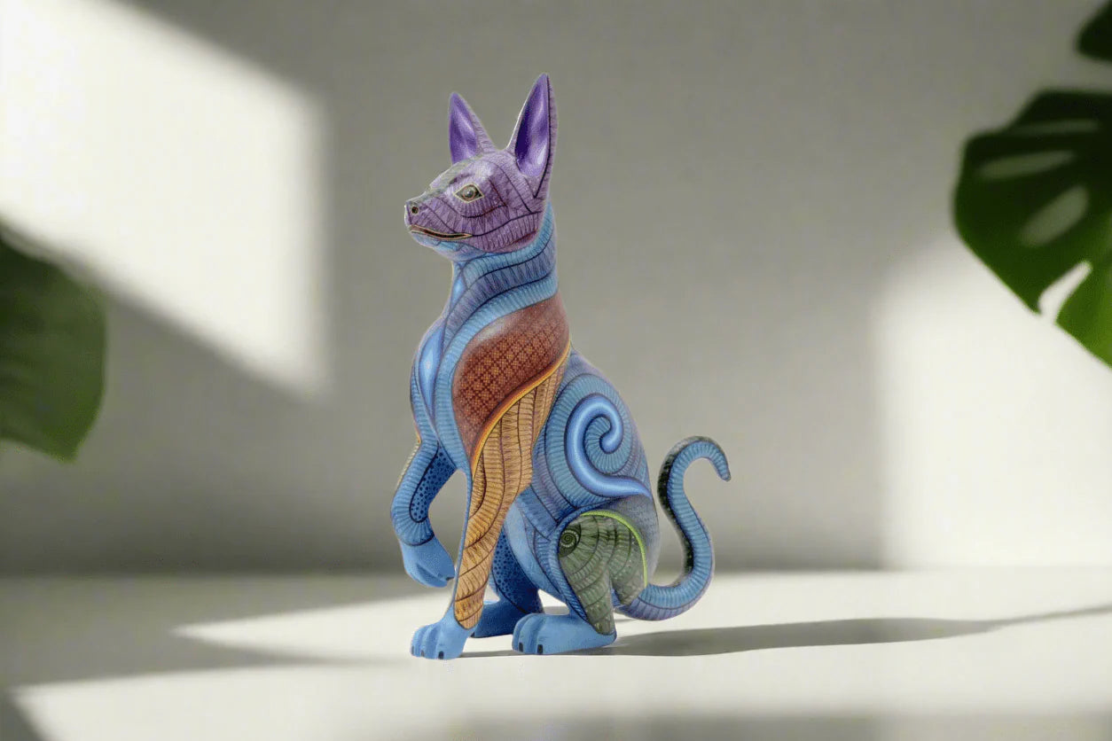 Colorful hand-painted hunting dog alebrije with intricate patterns, symbolizing protection and instinct in Mexican folk art, displayed under natural light with tropical plant shadows