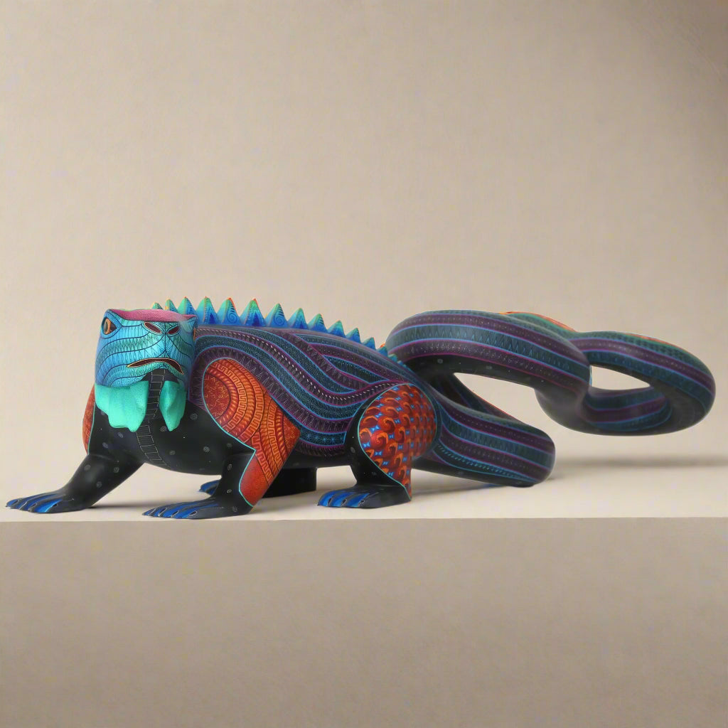 handpainted iguana alebrije, wooden iguana sculpture
