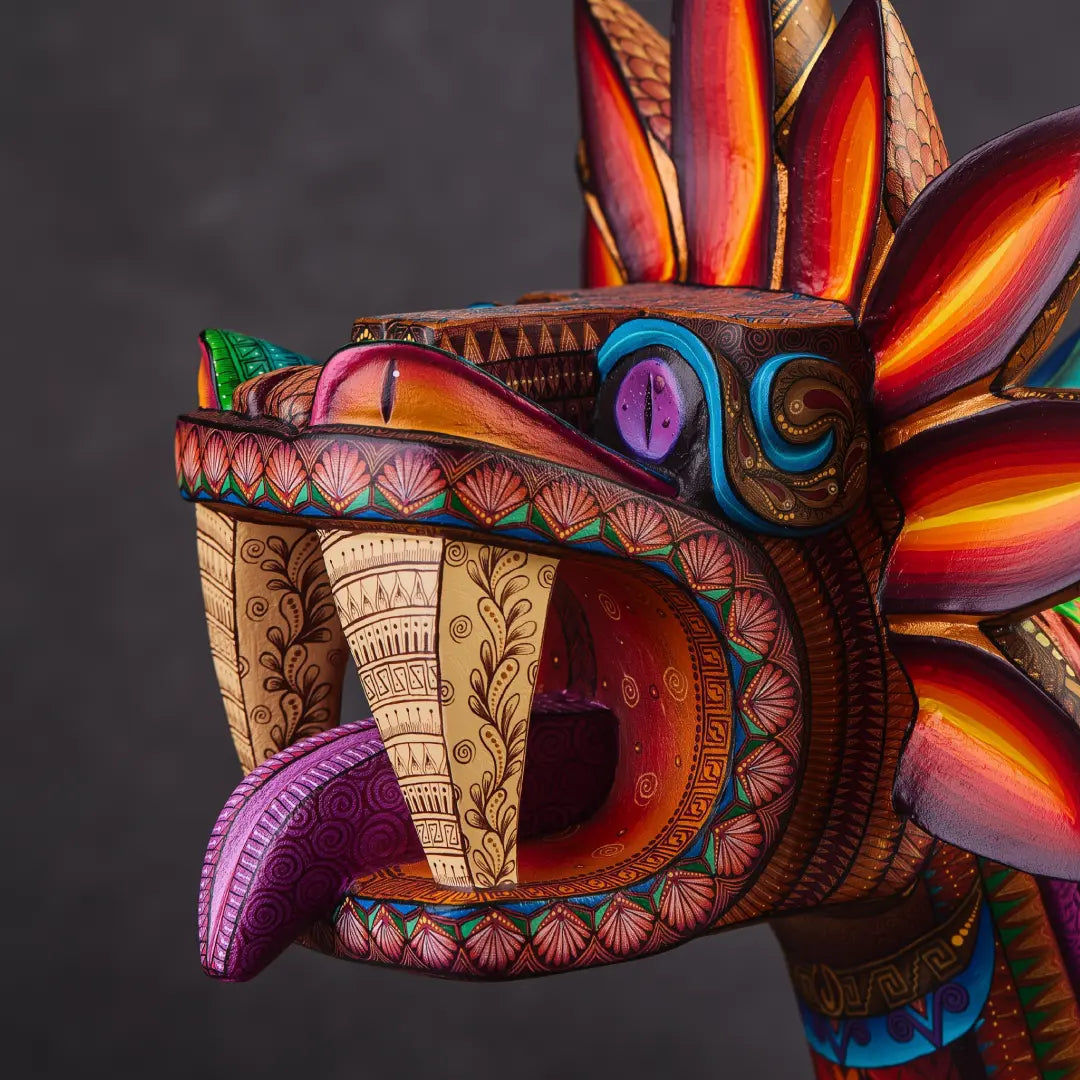 Handpainted wooden quetzalcoatl sculpture, authentic mexican alebrijes. Kukulkan art