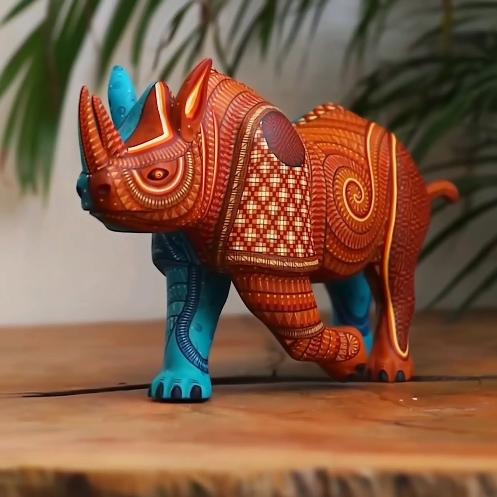 painted wooden rhino sculpture