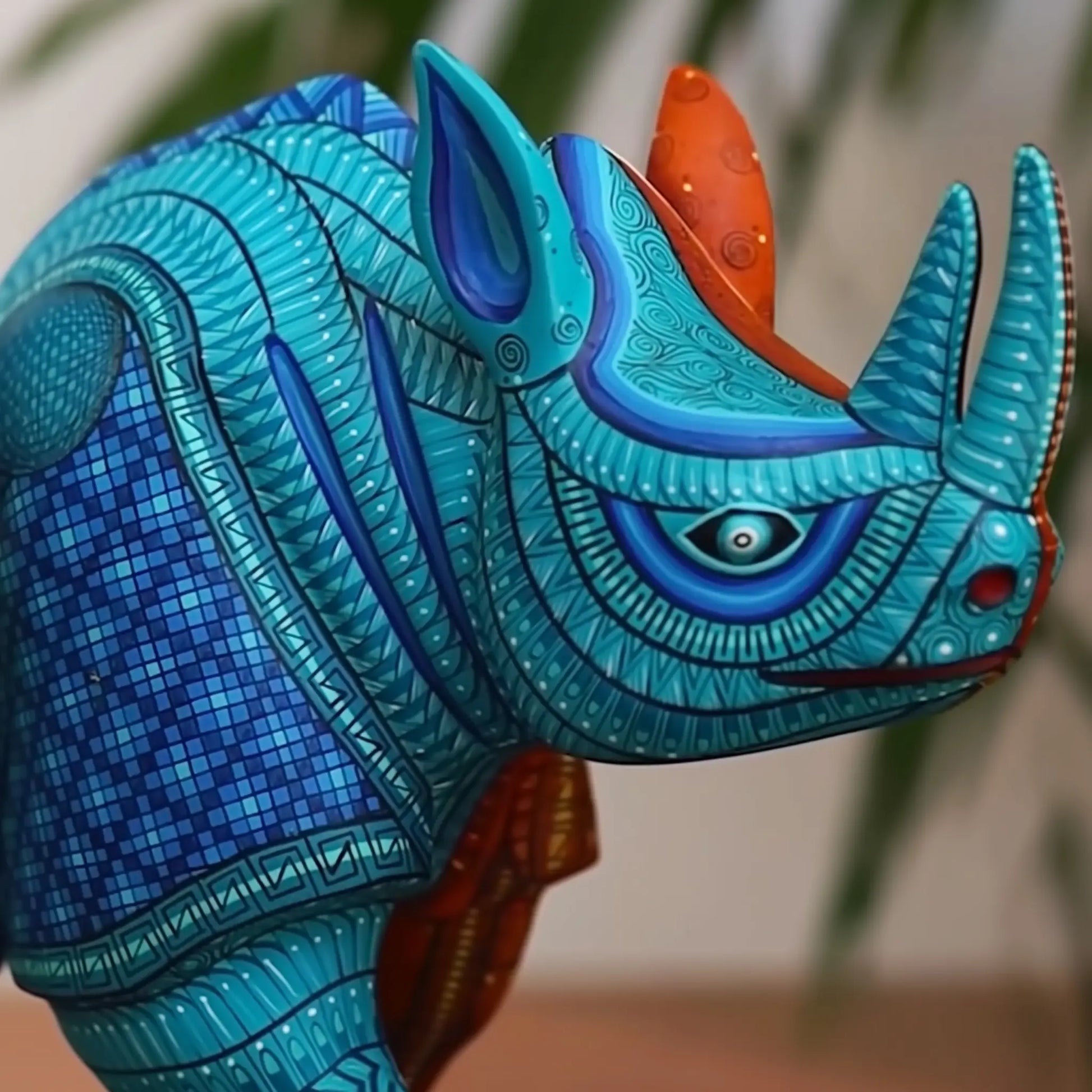 painted wooden rhino sculpturem, mexican alebrije