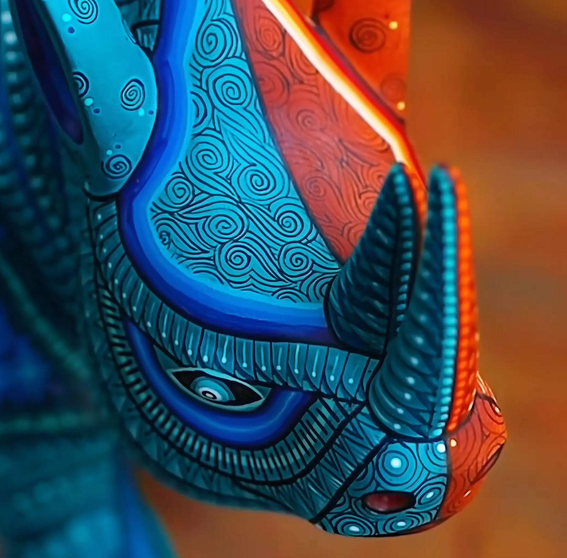 painted wooden rhino sculpturem, mexican alebrije