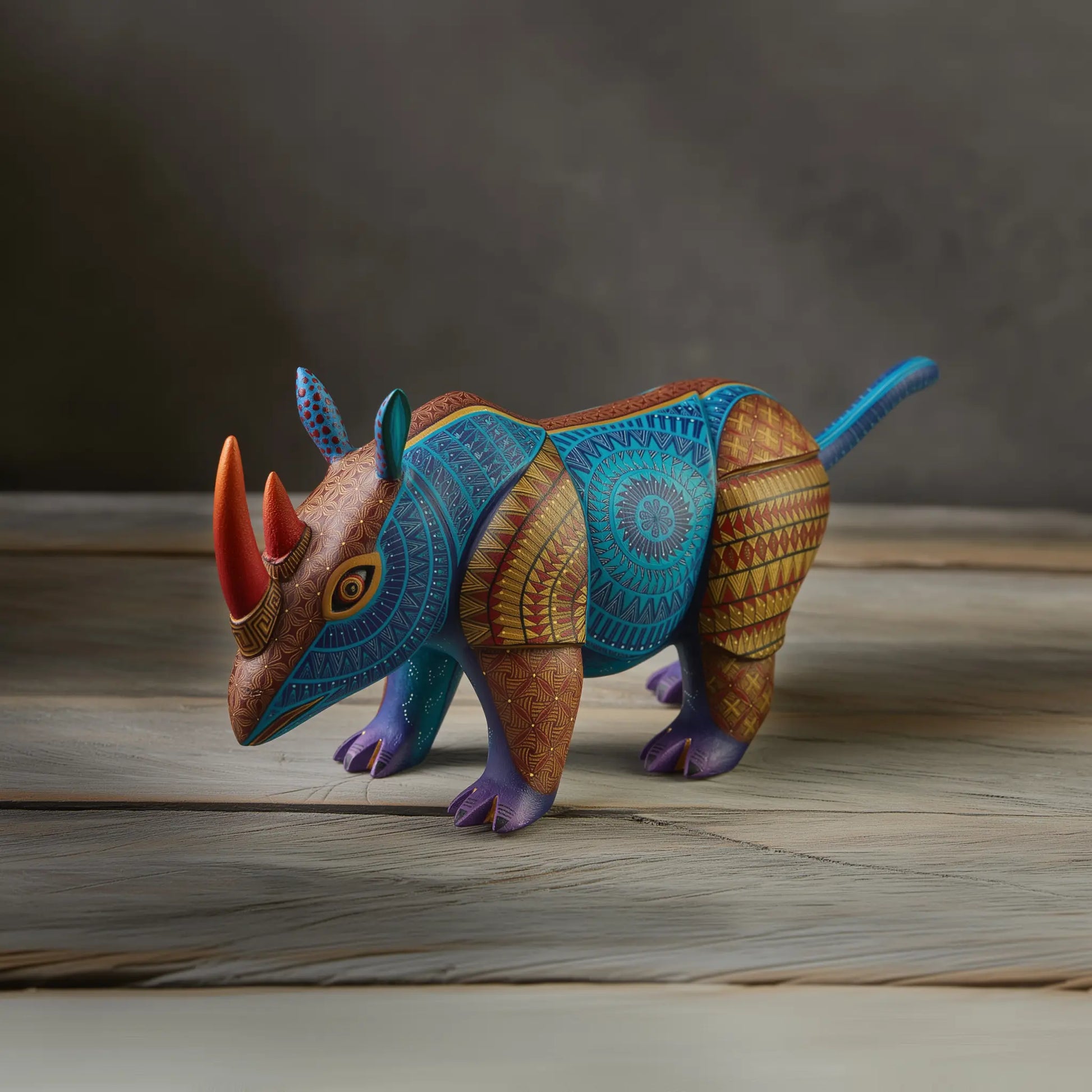 painted wooden rhino sculpture, rhino alebrije