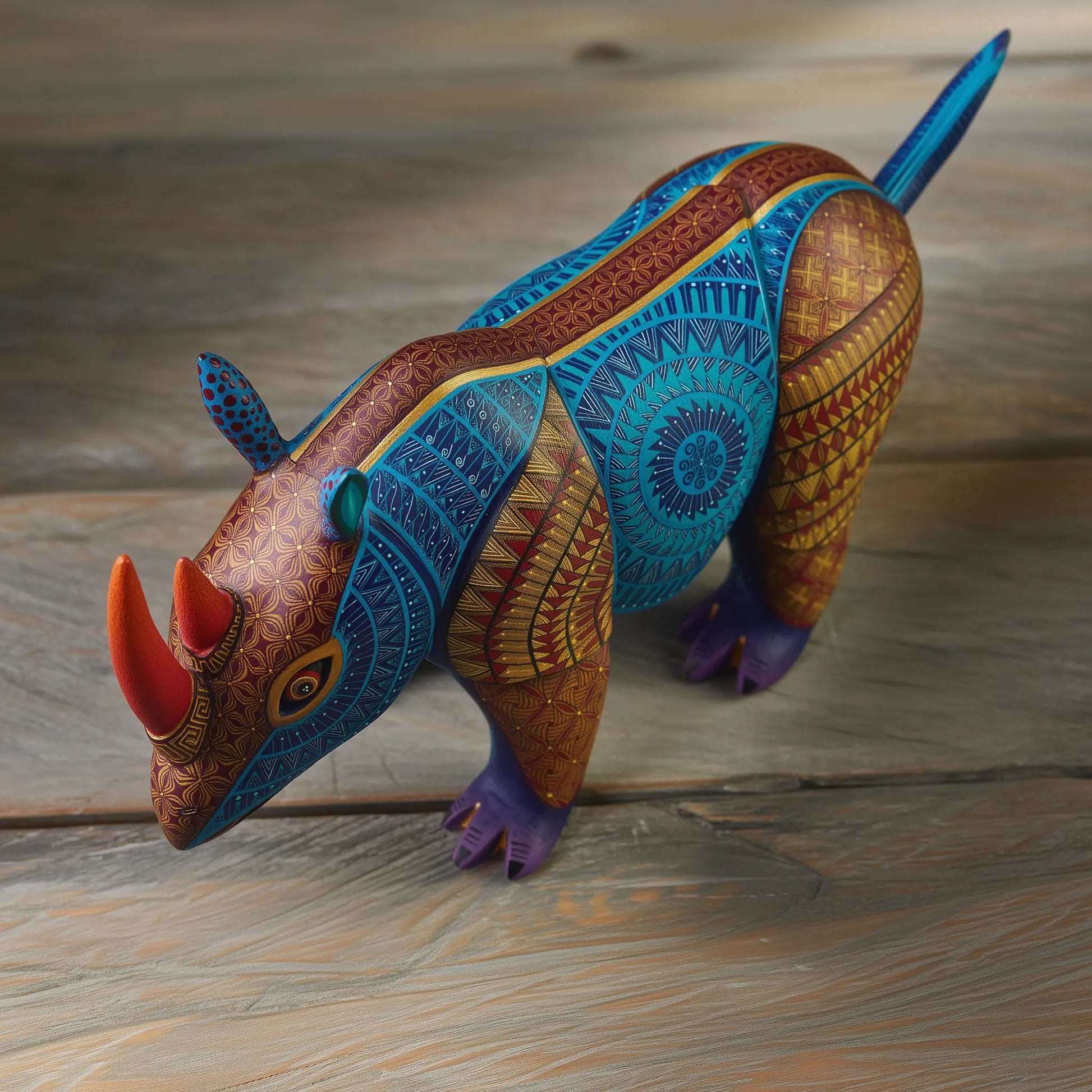 painted wooden rhino sculpture, rhino alebrije