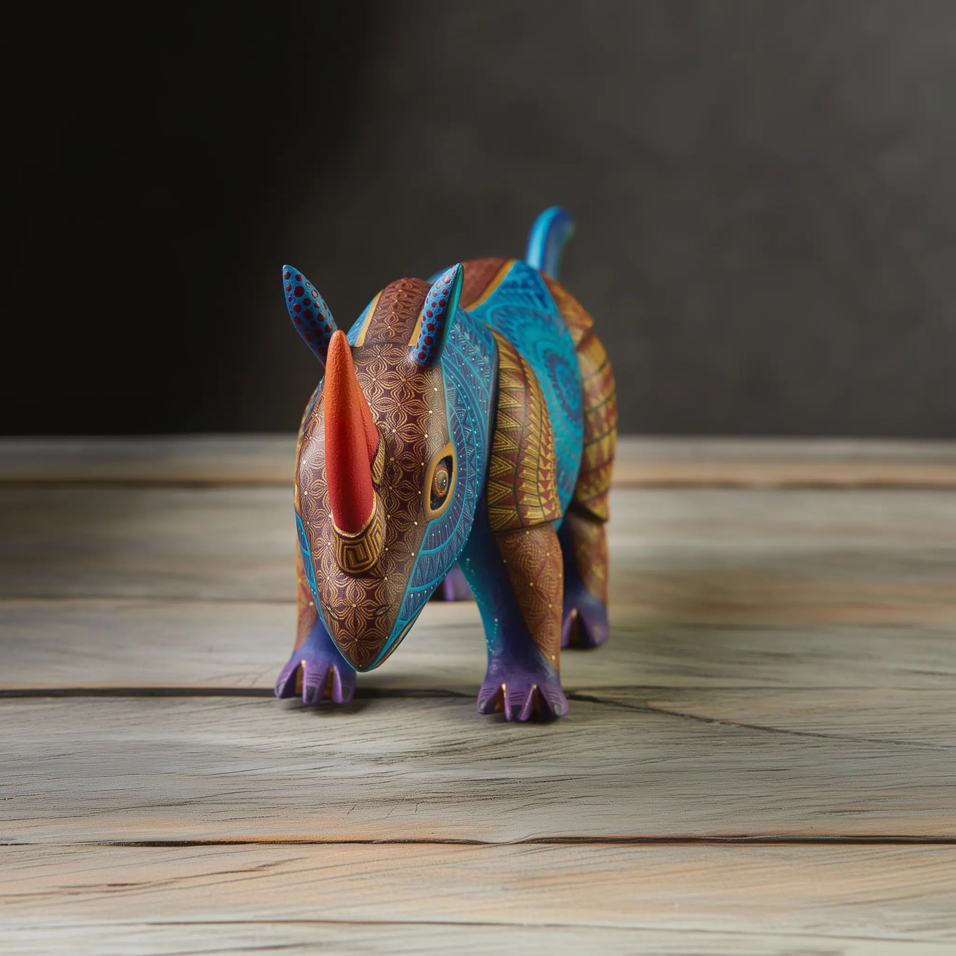 painted wooden rhino sculpture, rhino alebrije