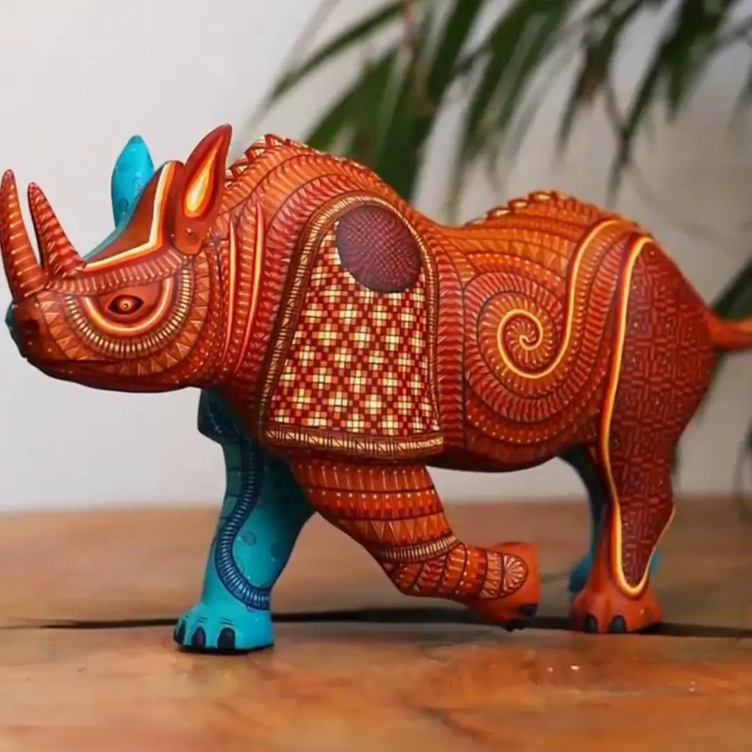 painted wooden rhino sculpturem, mexican alebrije