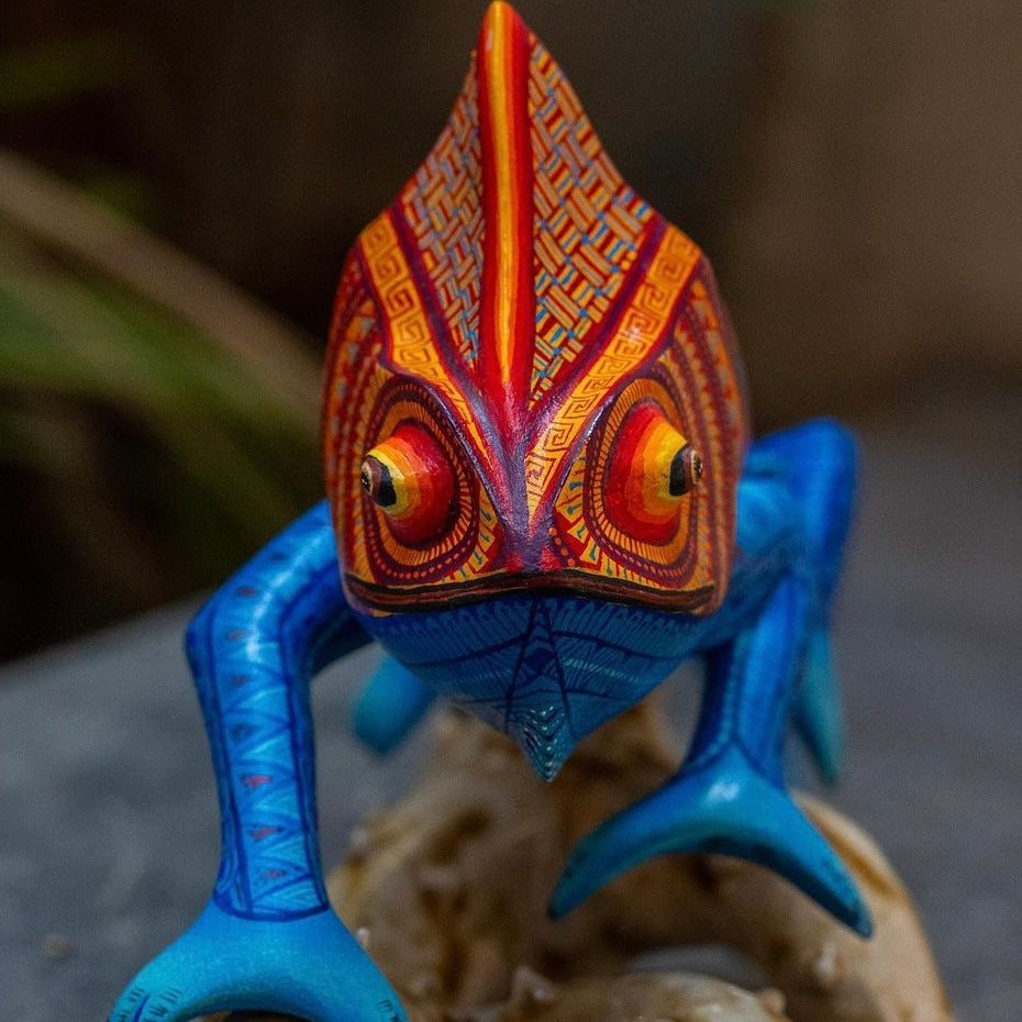 painted wooden chameleon sculpture, folk art, mexican alebrijes