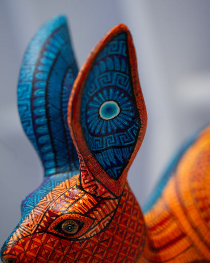 Rabbit alebrije, painted wooden rabbit sculpture