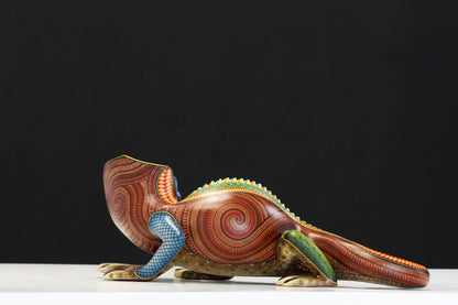 Painted Chameleon Wood Sculpture