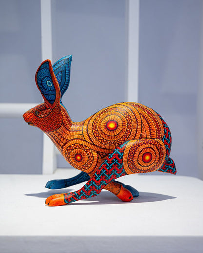 Rabbit alebrije, painted wooden rabbit sculpture