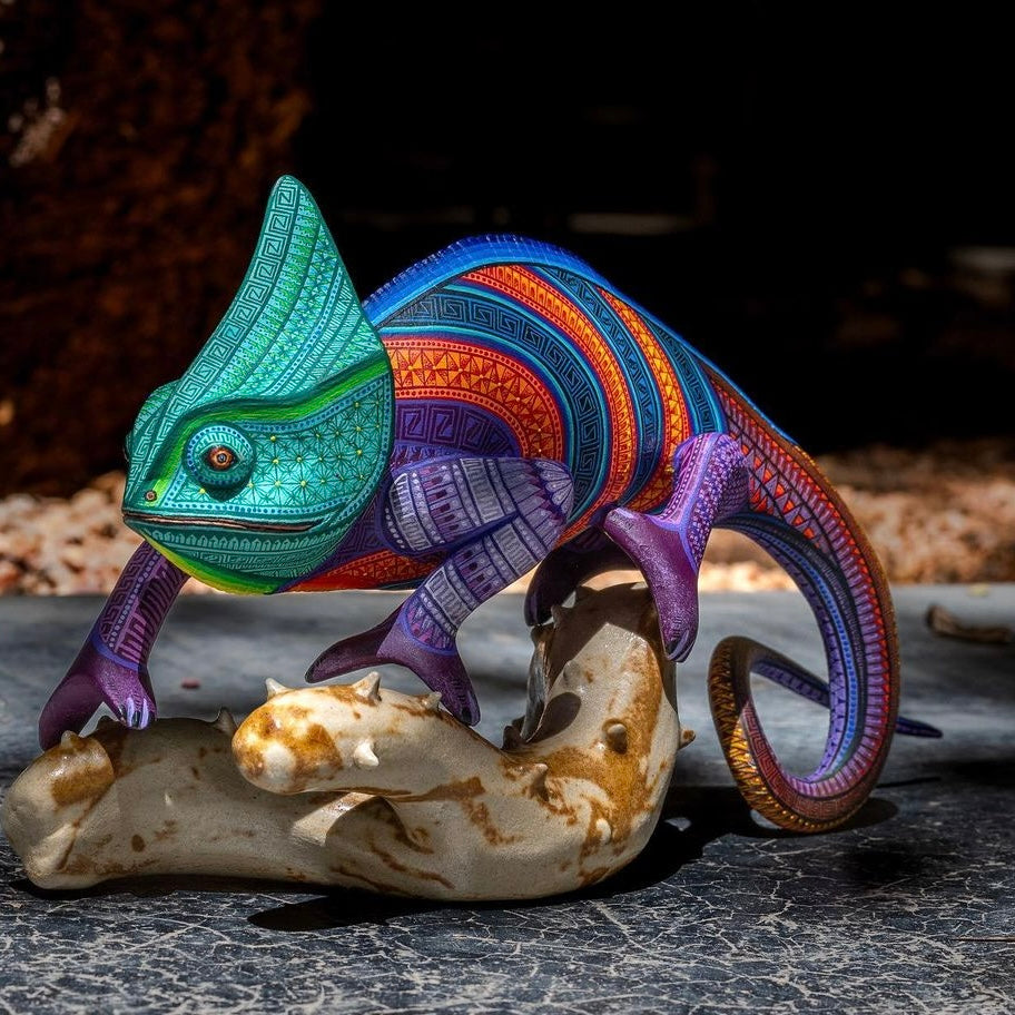 painted wooden chameleon alebrije