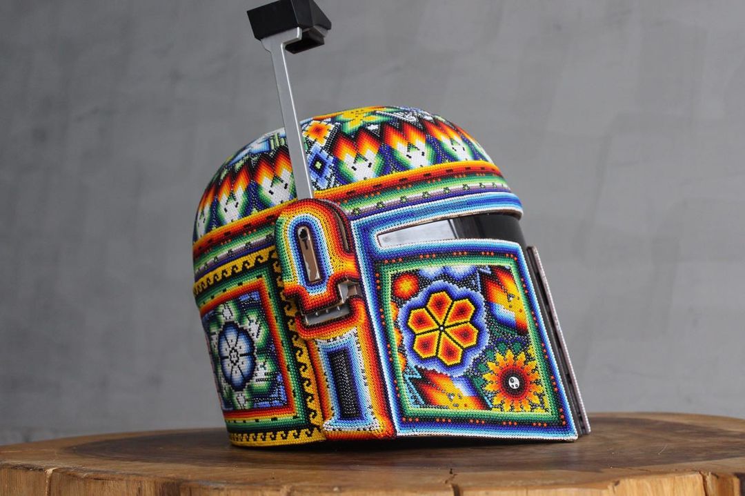 Boba Fett Helmet decorated with beads in the style of huichol art