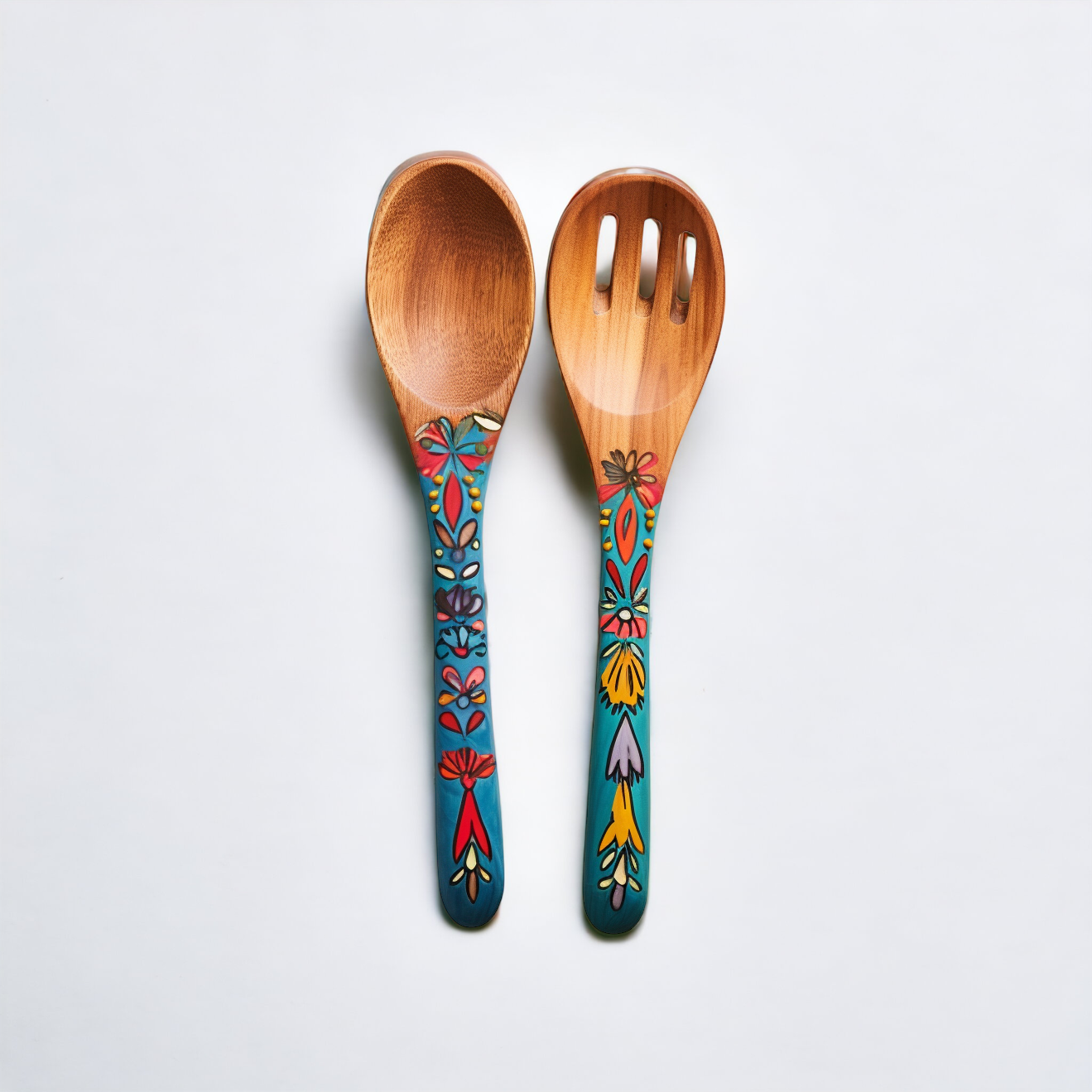 painted salad servers, wooden servers