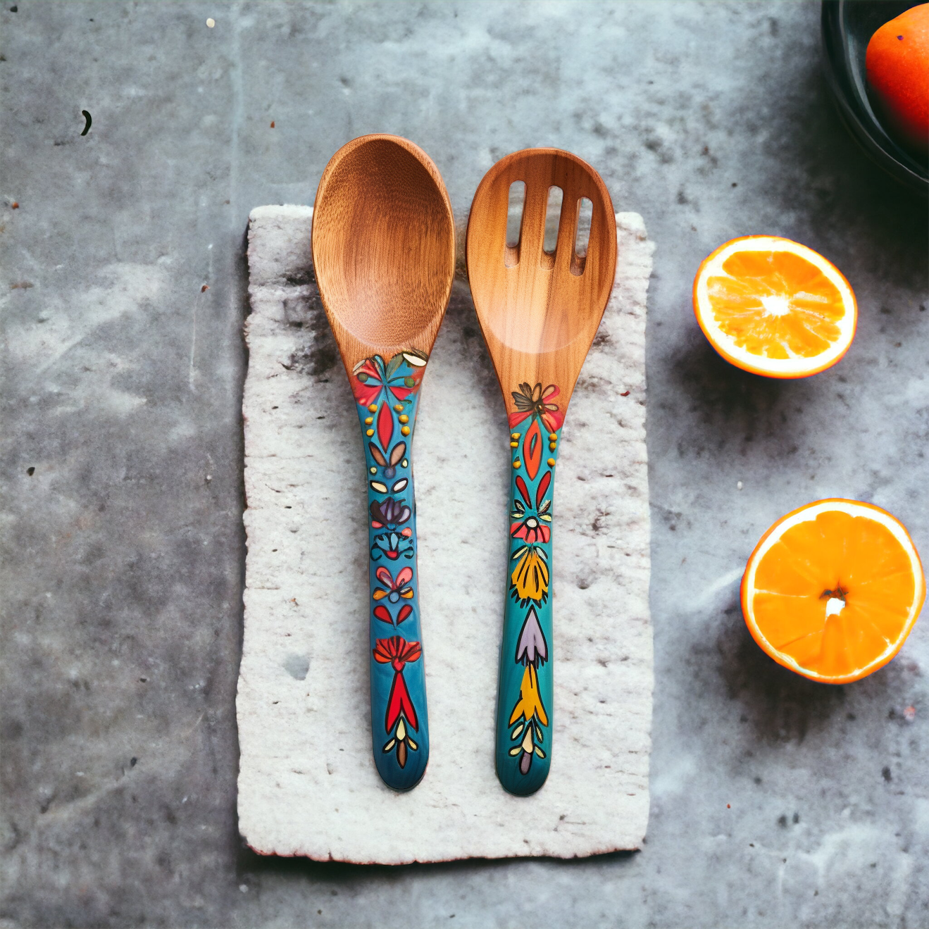 painted salad servers, wooden servers