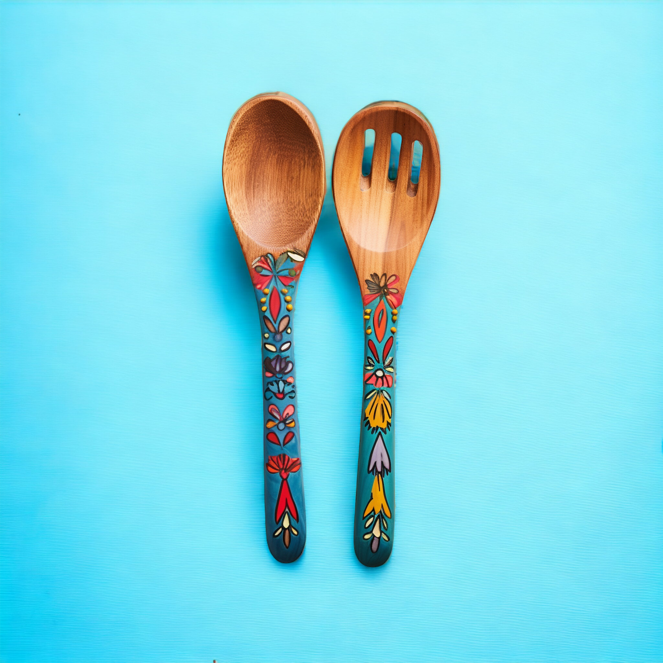 painted salad servers, wooden servers