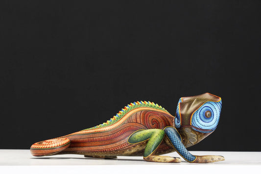 Painted Chameleon Wood Sculpture