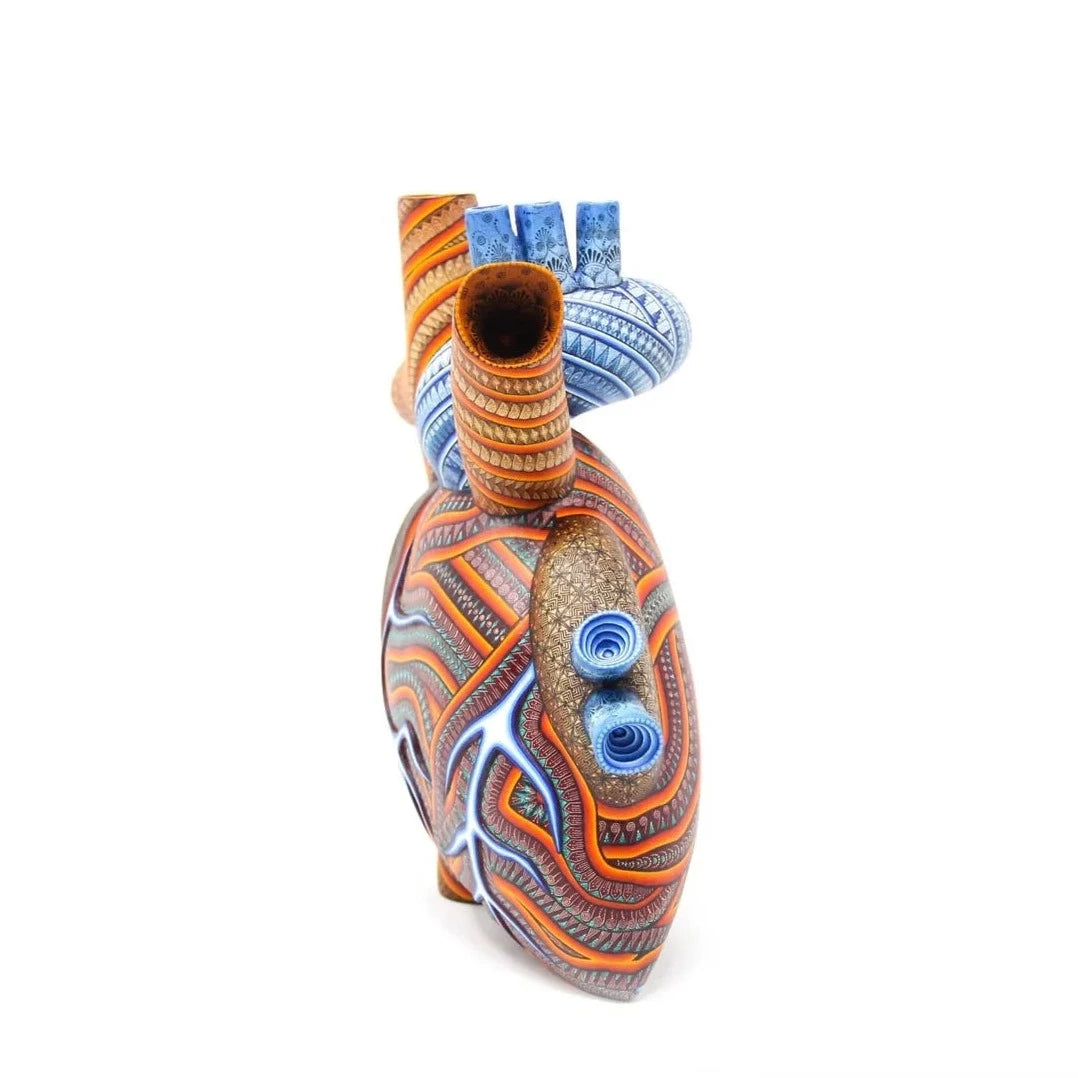 heart alebrije, painted wooden anatomical heart sculpture