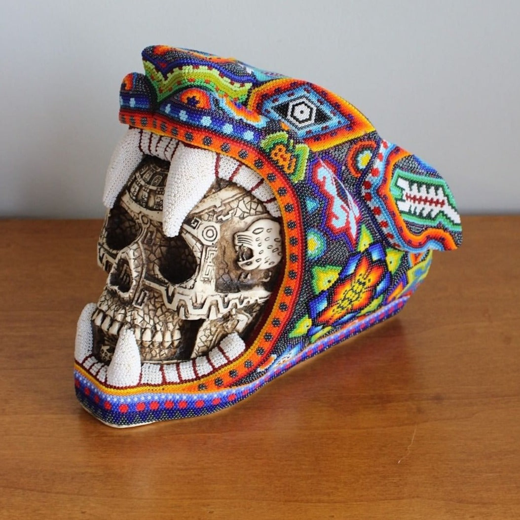 Aztec Jaguar Warrior Sculpture decorated with Huichol Art