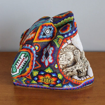 Aztec Jaguar Warrior Sculpture decorated with Huichol Art