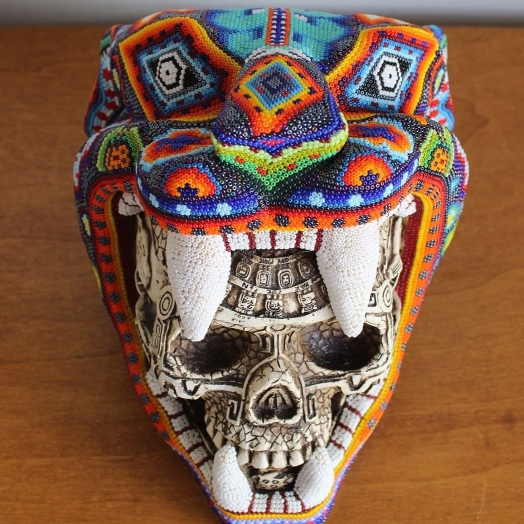 Aztec Jaguar Warrior Sculpture decorated with Huichol Art