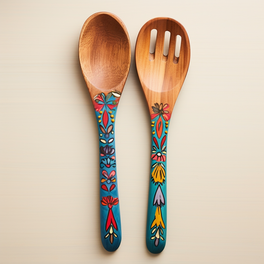 painted salad servers, wooden servers