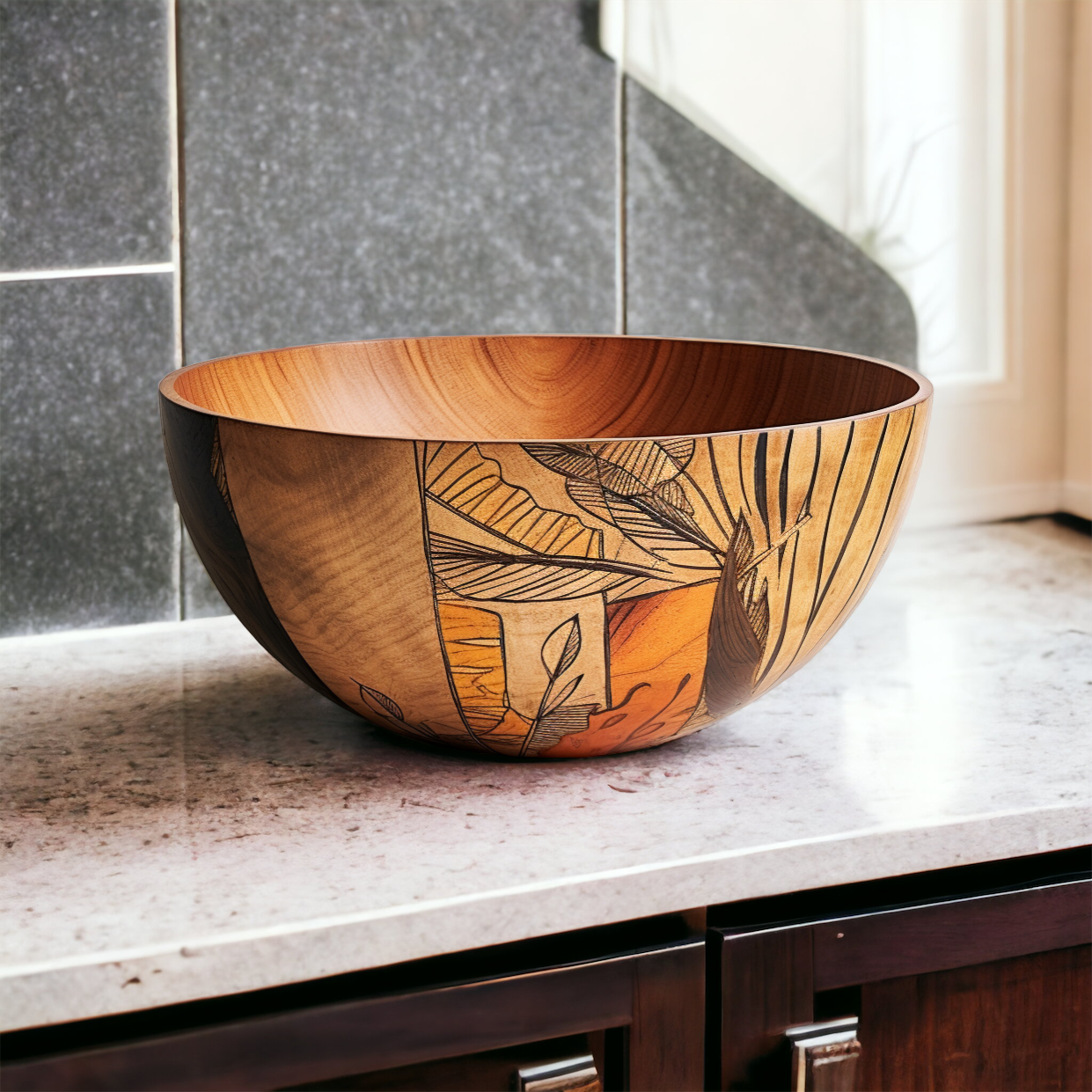 Painted Wooden Salad Bowl with Floral Design