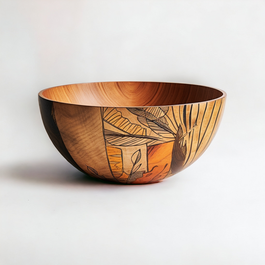 Painted Wooden Salad Bowl with Floral Design