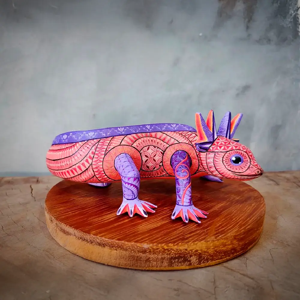 Painted wooden axolotl sculpture