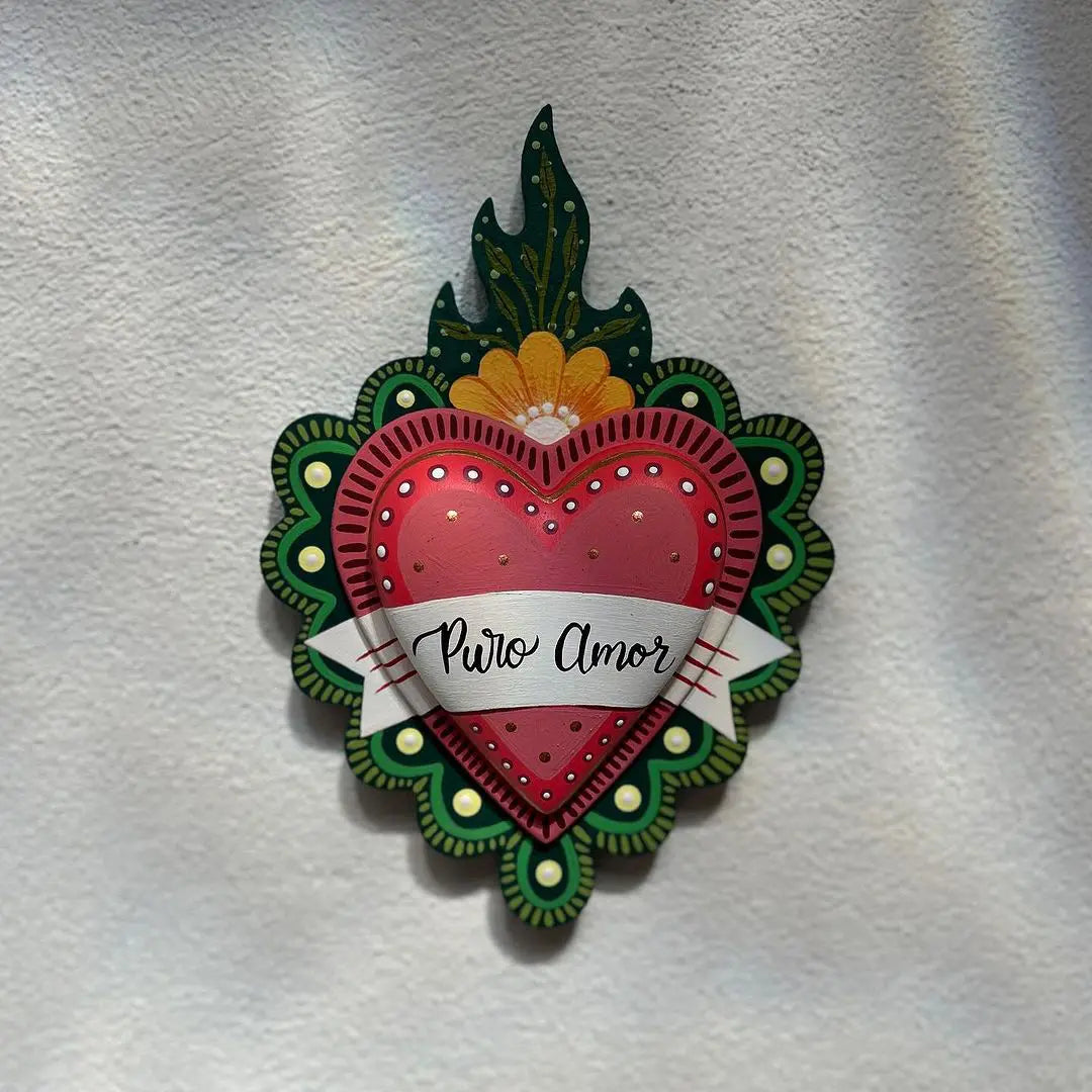 Handcrafted wooden fire heart decor, woden heart sculpture handpainted inspired in mexican art