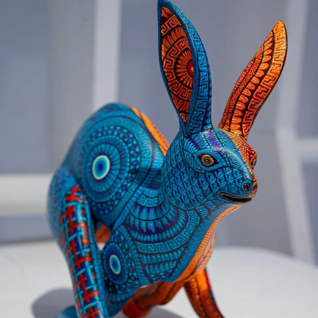Rabbit alebrije, painted wooden rabbit sculpture
