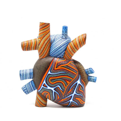 heart alebrije, painted wooden anatomical heart sculpture