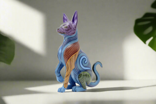 Colorful hand-painted hunting dog alebrije with intricate patterns, symbolizing protection and instinct in Mexican folk art, displayed under natural light with tropical plant shadows