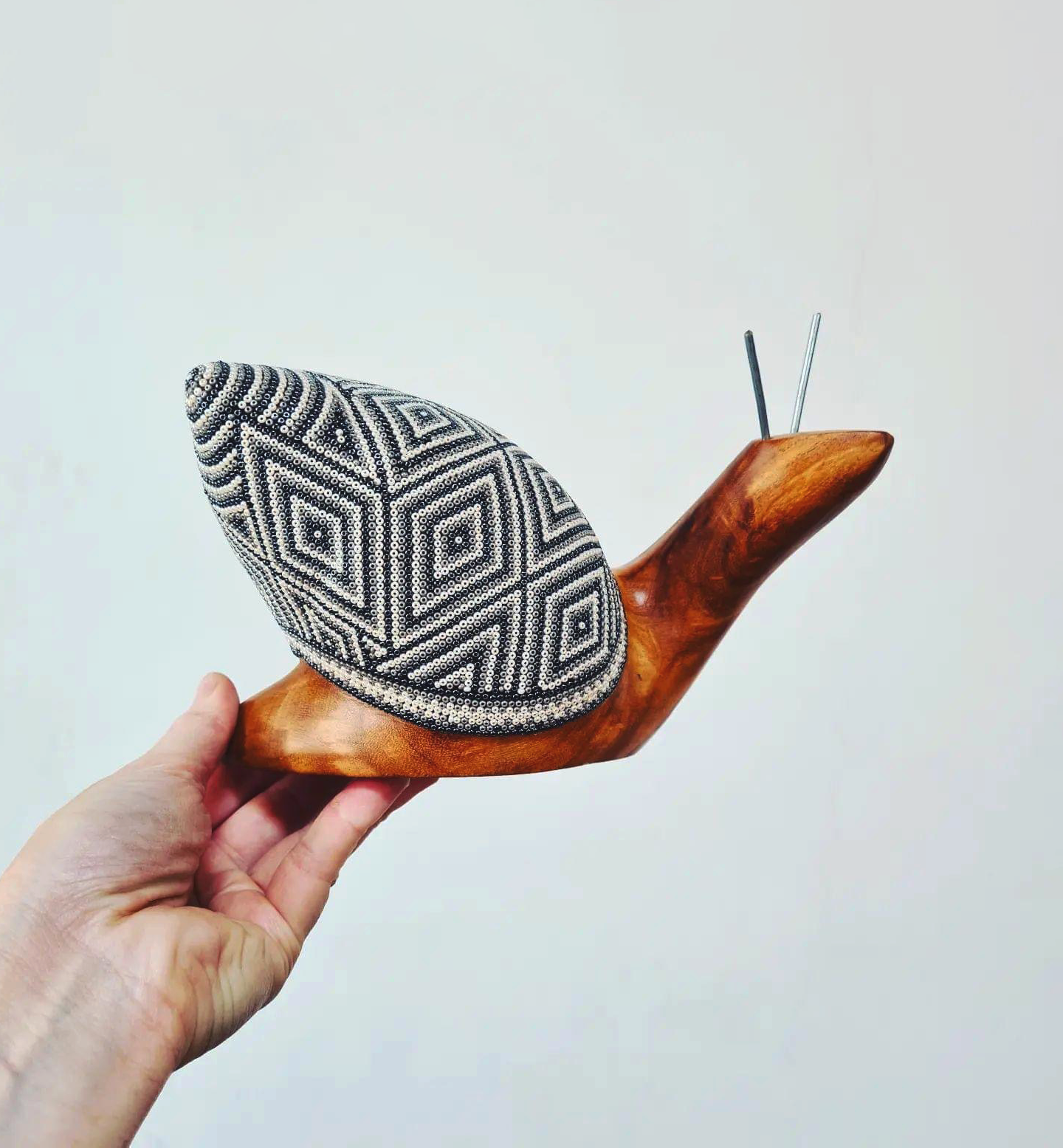 Wooden Snail With Huichol Art