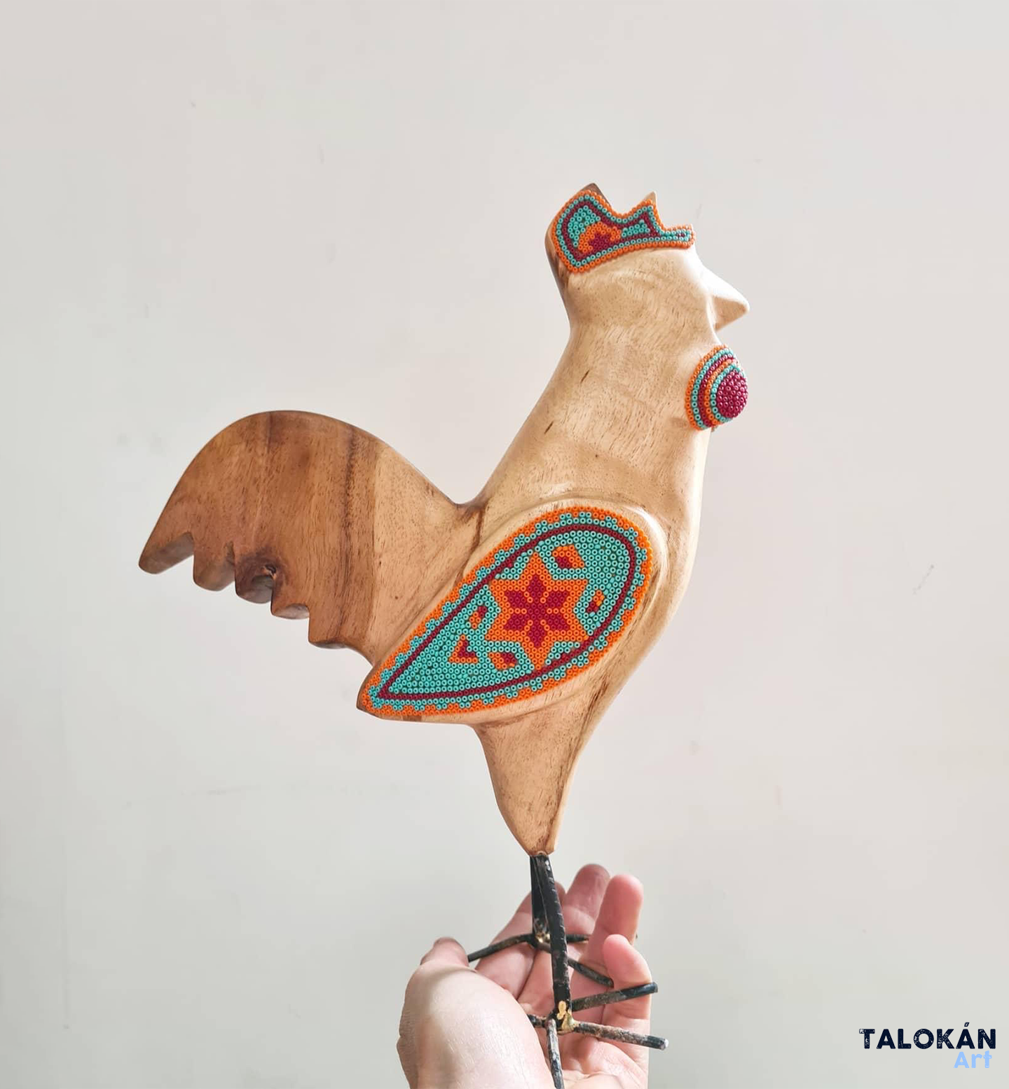 Wooden Rooster Figurine Decorated with Beads