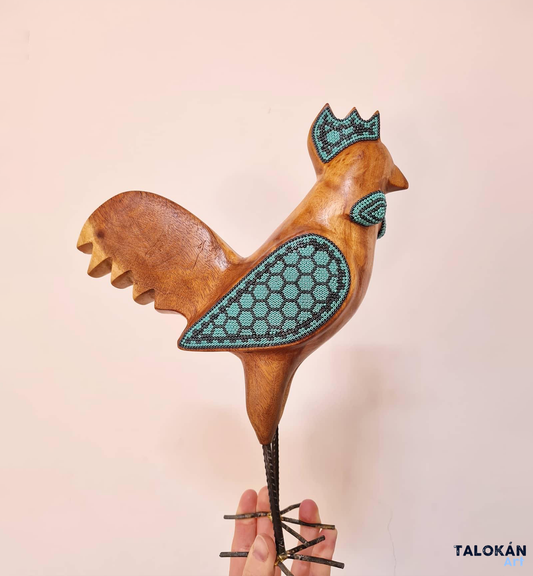 Wooden Rooster Figurine Decorated with Beads