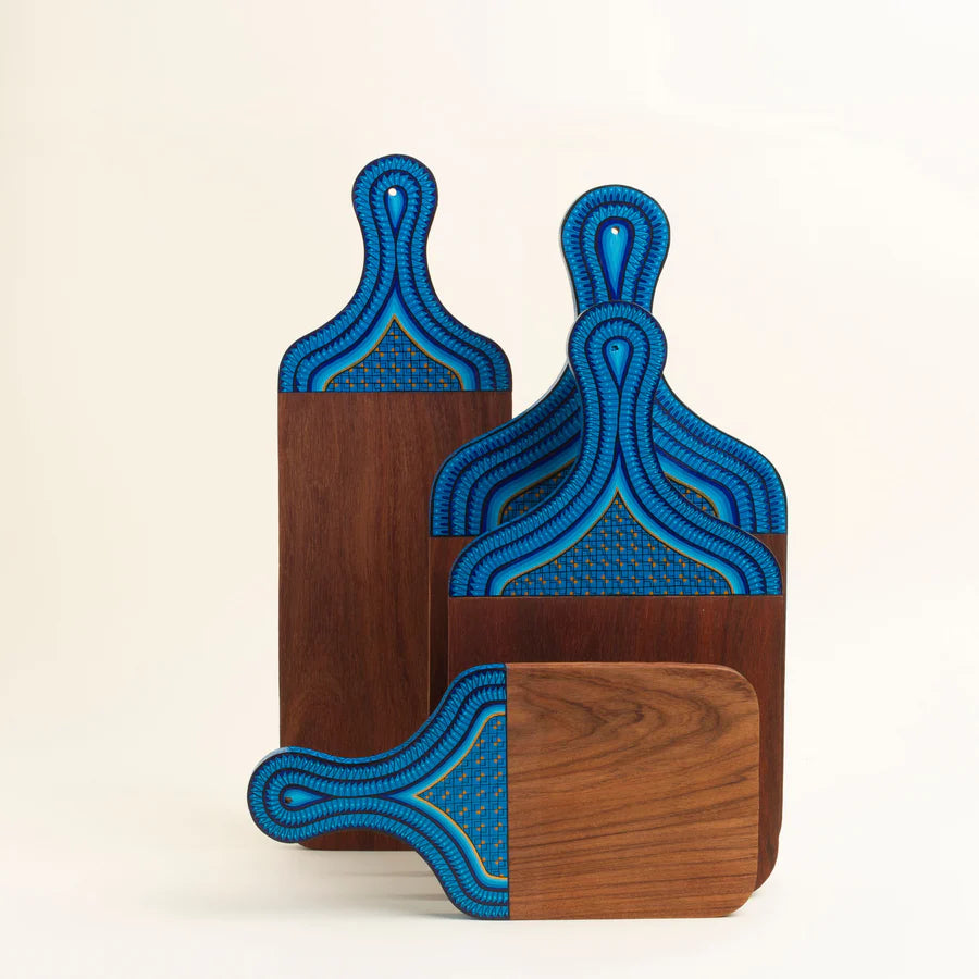 hand-painted wooden boards inspired in huichol culture, mexican crafts