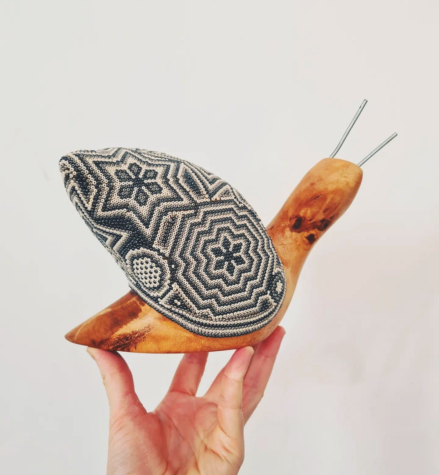 Wooden Snail With Huichol Art